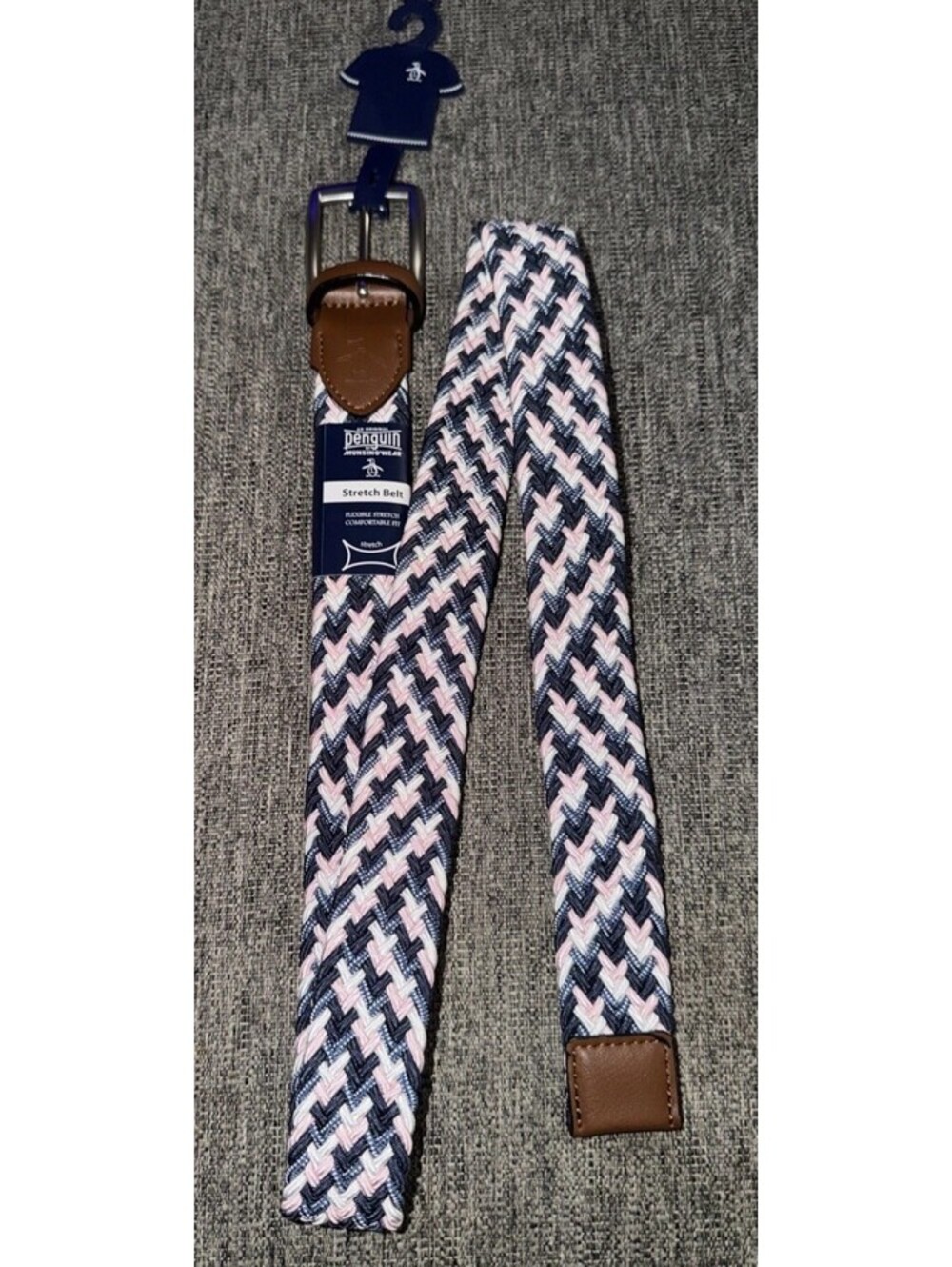 Original Penguin Mens M 34-36 Braided Stretch Woven Golf Belt Blue/White/Pink
